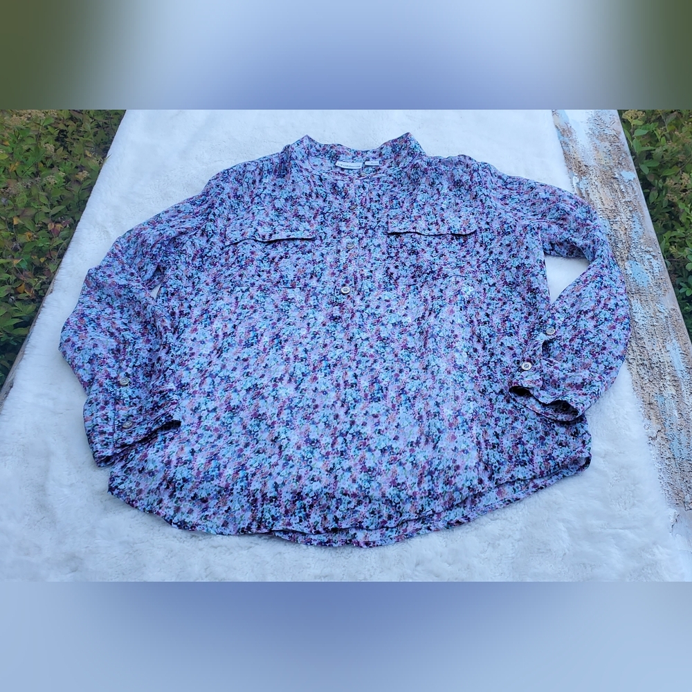 Floral Women's Blouse  - Flowery Blue and Purple Size XL